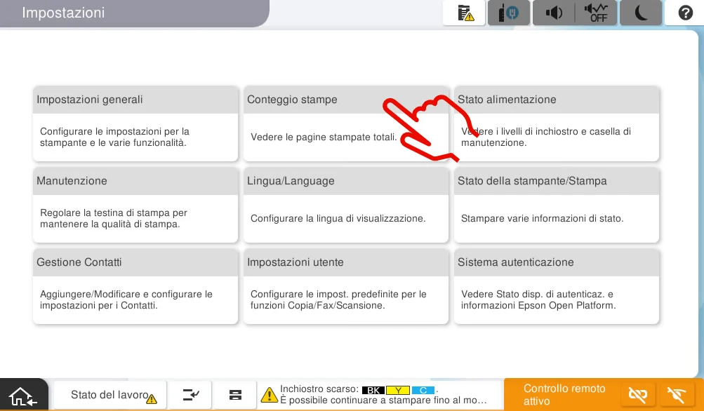 Voce Conteggio stampe nella lista delle impostazioni