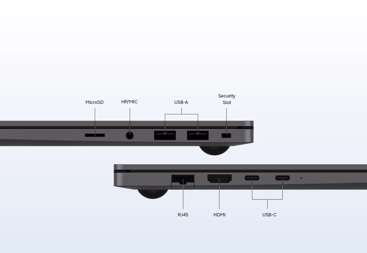 Fianchi di un Galaxy Book con le porte indicate: microSD, jack cuffie e microfono, due USB-A, slot di sicurezza, RJ45, HDMI e due USB-C